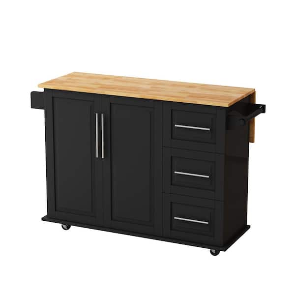Black Wood Kitchen Cart with Foldable Top, Drawers, Spice Rack, Towel ...