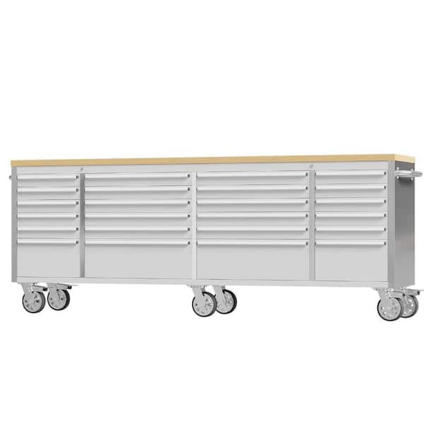 96 in. Stainless Steel Mobile Workbench Cabinet with Wheels, 24-Drawer, Rubber Wood Top, Lock Key for Workshop Storage