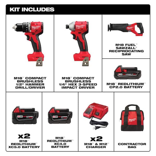 M18 18-Volt Lith-Ion Brushless Cordless Compact Hammer Drill/Impact Combo Kit (3-Tool) w/ (4) Batteries, Bag, & SAWZALL