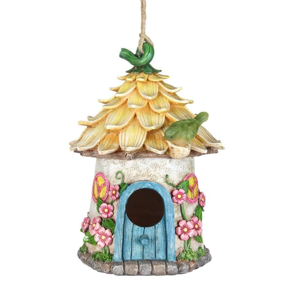 Exhart 6.5 in. x 9 in. Resin Solar Hand Painted Hanging Fairy House with Illuminating Bird Birdhouse