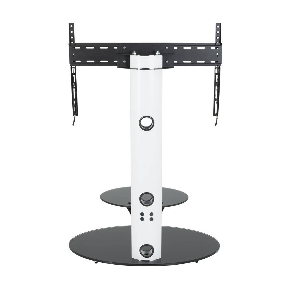 Satin White Metal TV Floor Stand with Black Glass Shelves
