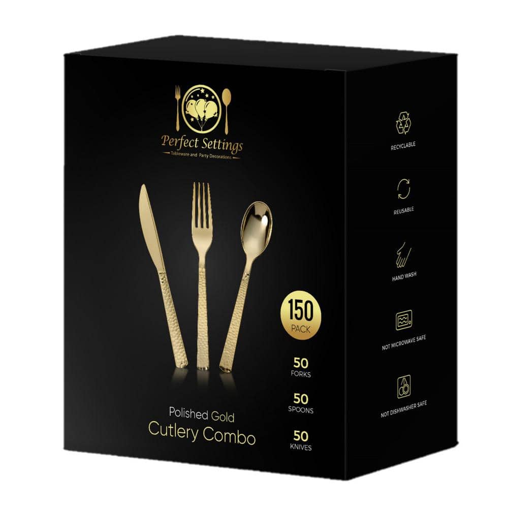 Perfect Settings Tableware 150 Pieces Gold Plastic Disposable Cutlery Set - Metallic Plastic Silverware With A Hammered Finish-50 Sets (Set of 150)
