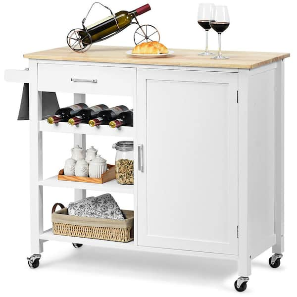 Dropship Multipurpose Kitchen Cart Cabinet With Side Storage Shelves,Rubber  Wood Top, Adjustable Storage Shelves, 5 Wheels, Kitchen Storage Island With  Wine Rack For Dining Room, Home,Bar,White to Sell Online at a Lower