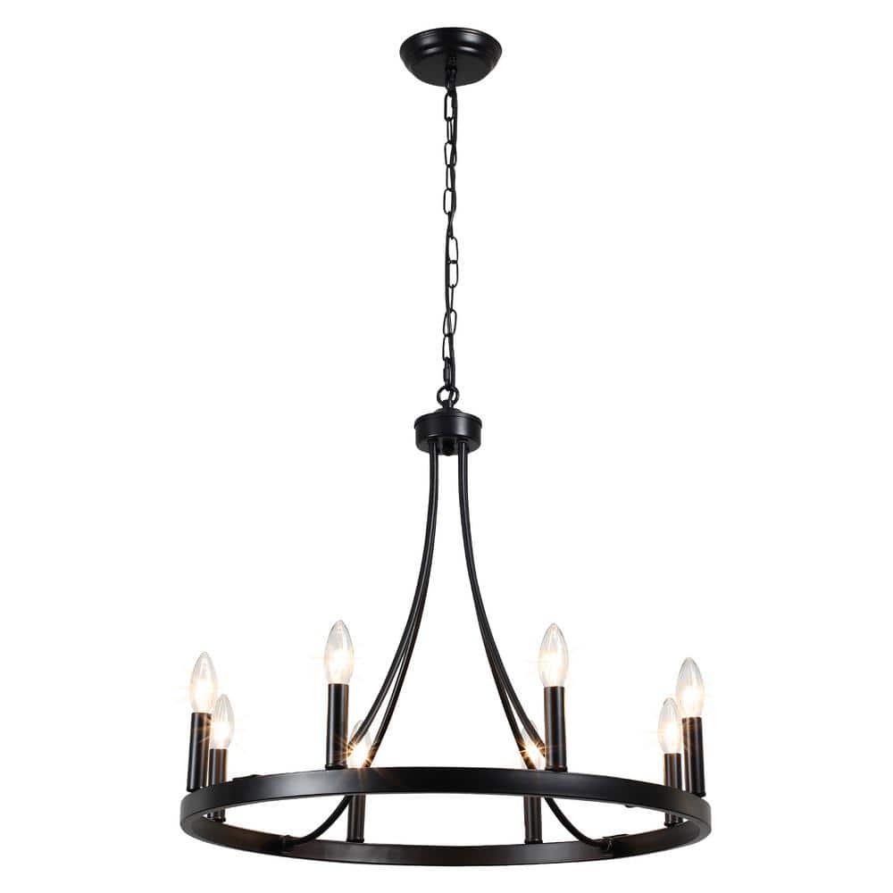 8-Light Black Modern Adjustable Height Light Fixture Wagon Wheel Chandelier