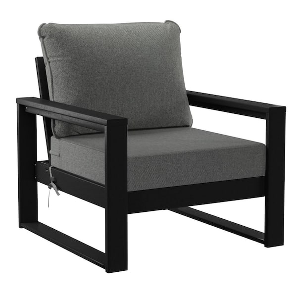 Endless Outdoor Patio Deep Seating Club Chair with Black Frame and Gray Side Tie Cushions