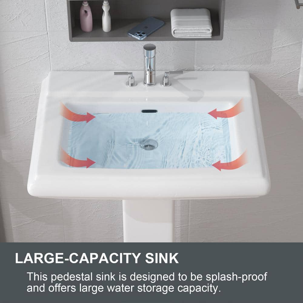White Rectangular Ceramic Pedestal Sink with Overflow
