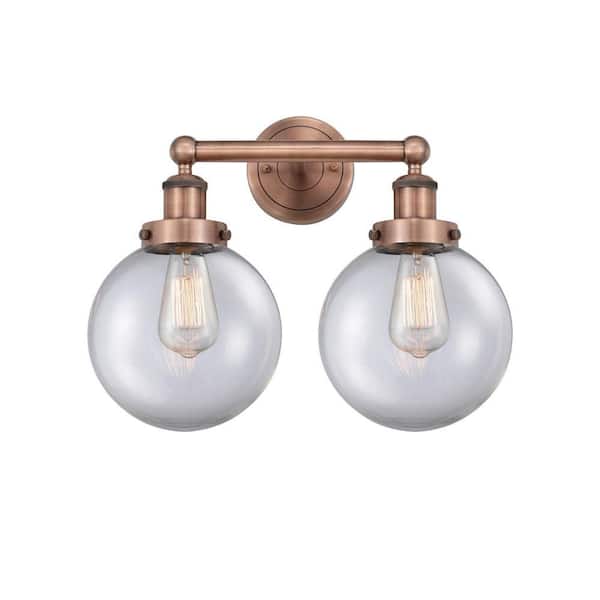 Beacon 15.5 in. 2-Light Antique Copper Vanity Light with Glass Shade