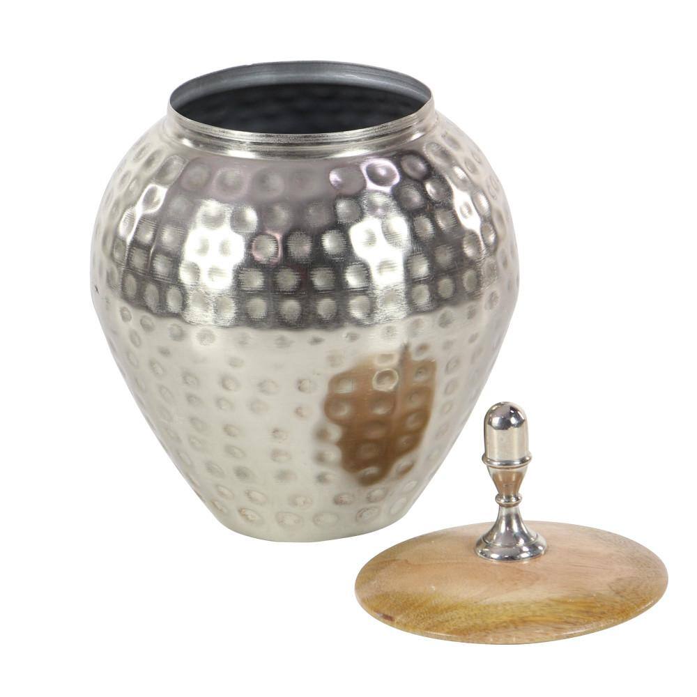 Tarnished Silver and Wood Abstract Decorative Jar 8" x 12"