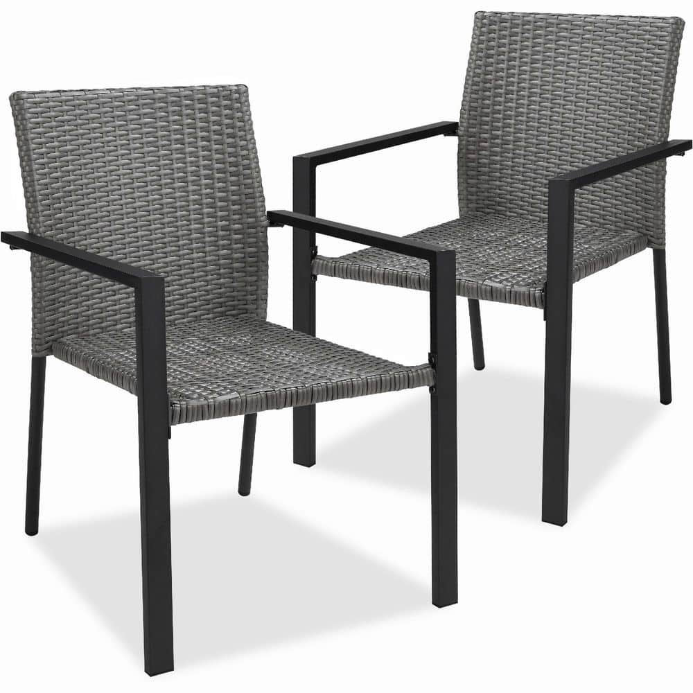 Set of 2 Gray Wicker Stackable Outdoor Dining Chairs with Armrests