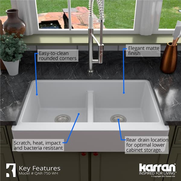 Karran Retrofit Farmhouse Apron Front Quartz Composite 34 in. Double Bowl Kitchen  Sink in Grey QAR-750-GR - The Home Depot