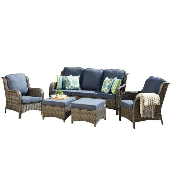 XIZZI Adelina Gray 5-Piece Wicker Outdoor Patio Conversation Seating Set with Denim Blue Cushions