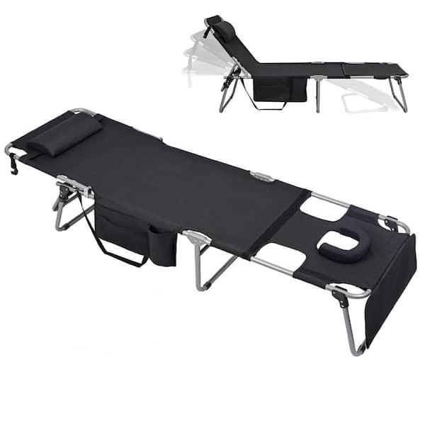 Angel Sar 1-Piece Metal Outdoor Chaise Lounge Chair with Arm Hole and Face Hole, Black
