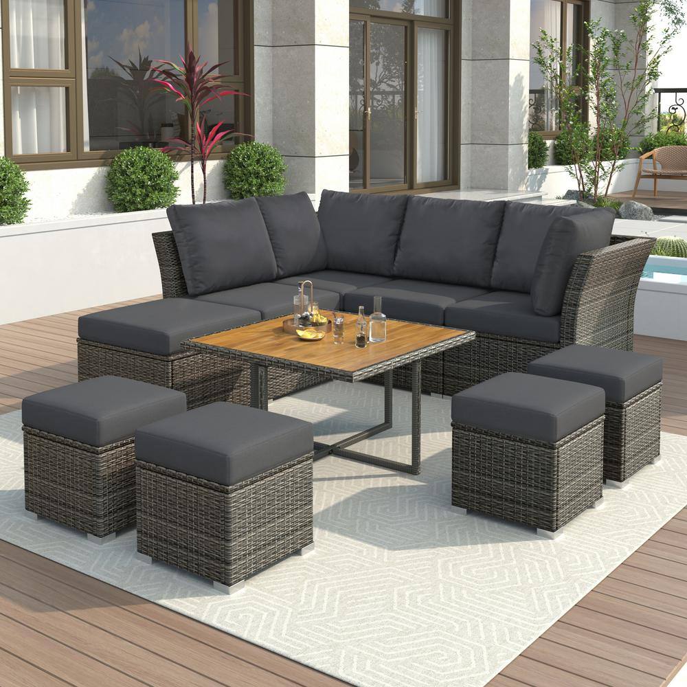 10-Pieces Wicker Patio Conversation Set with Gray Cushions, Patio Furniture