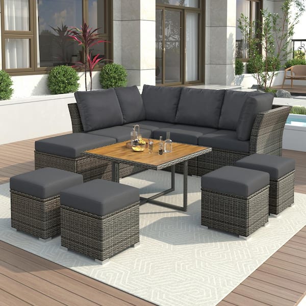 Unbranded 10-Pieces Wicker Patio Conversation Set with Gray Cushions, Patio Furniture Set, Solid Wood Coffee Table with Ottomans