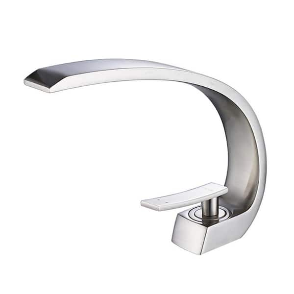 Modern 1-Handle Single-Hole Faucet Bathroom Sink Faucet, Brass Mount Curved Lavatory Faucet in Brushed Nickel