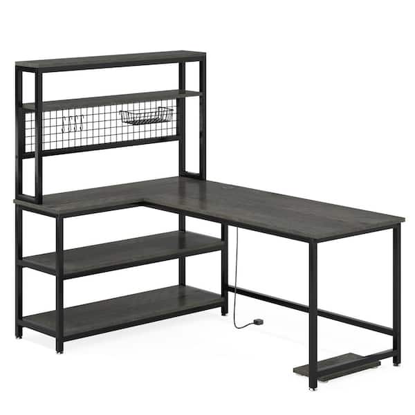 BYBLIGHT Lanita 55 in. L-Shaped Gray Wood Computer Desk with Wireless Charging and 5-Tier Bookshelf for Home Office
