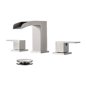 Waterfall 304-Stainless Steel 8 in. Widespread Double Handle Bathroom Faucet with Drain Kit Included in Brushed Nickel