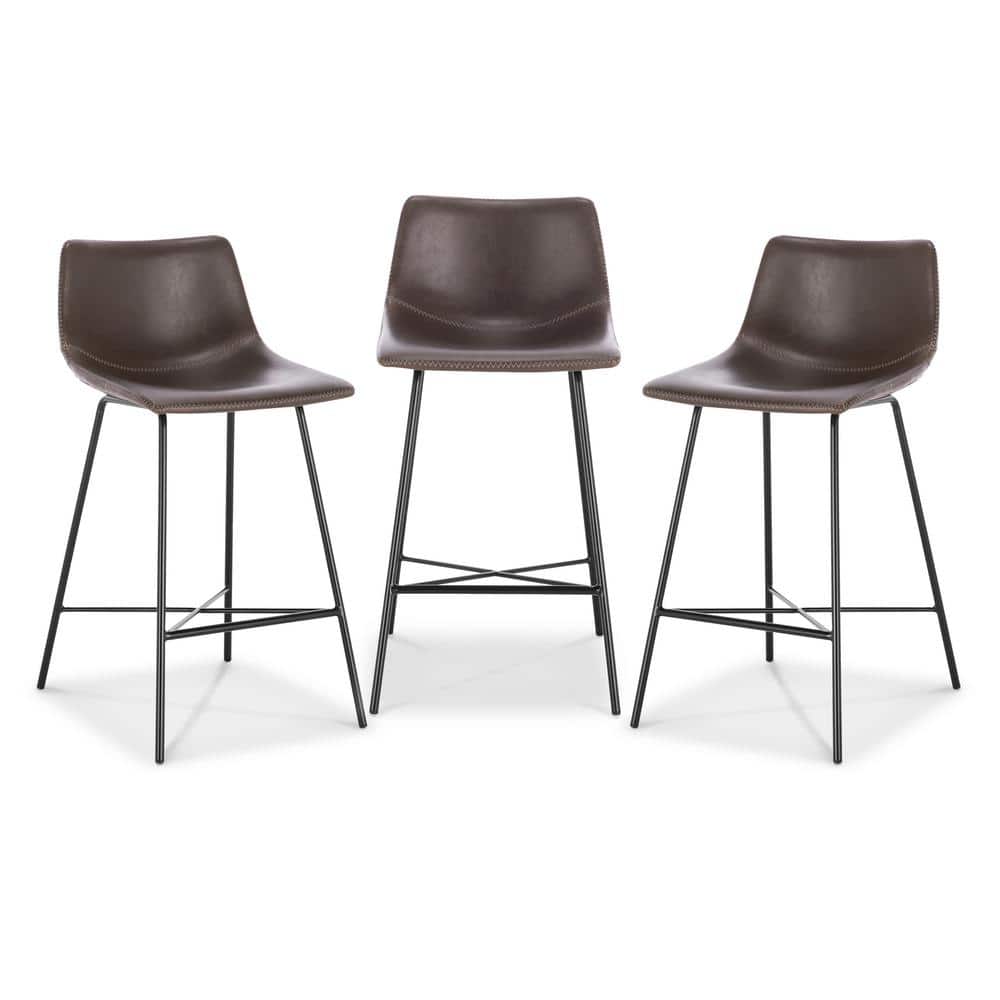 Bela 24'' Brown Faux Leather Counter Stools with Metal Legs