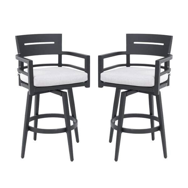 Black Aluminum Outdoor Bar Stool with White Cushion, 360° Swivel, Ergonomic Backrest and Armrests, Tapered Legs (2-Pack)