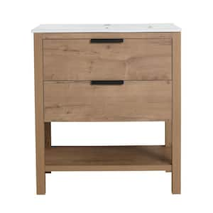 30.00 in. W x 18.30 in. D x 33.75 in. H Freestanding Bath Vanity in Imitative Oak with White Ceramic Top