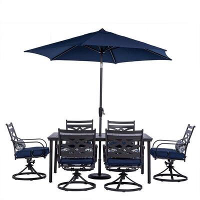 Hanover Montclair 11 Piece Steel Outdoor Dining Set With Navy Blue Cushions 10 Swivel Rockers 60x84 In Table And Umbrella Mclrdn11pcsw10 Su N The Home Depot Hanover Montclair 11 Piece Steel, Macy’s Marlough Outdoor Furniture