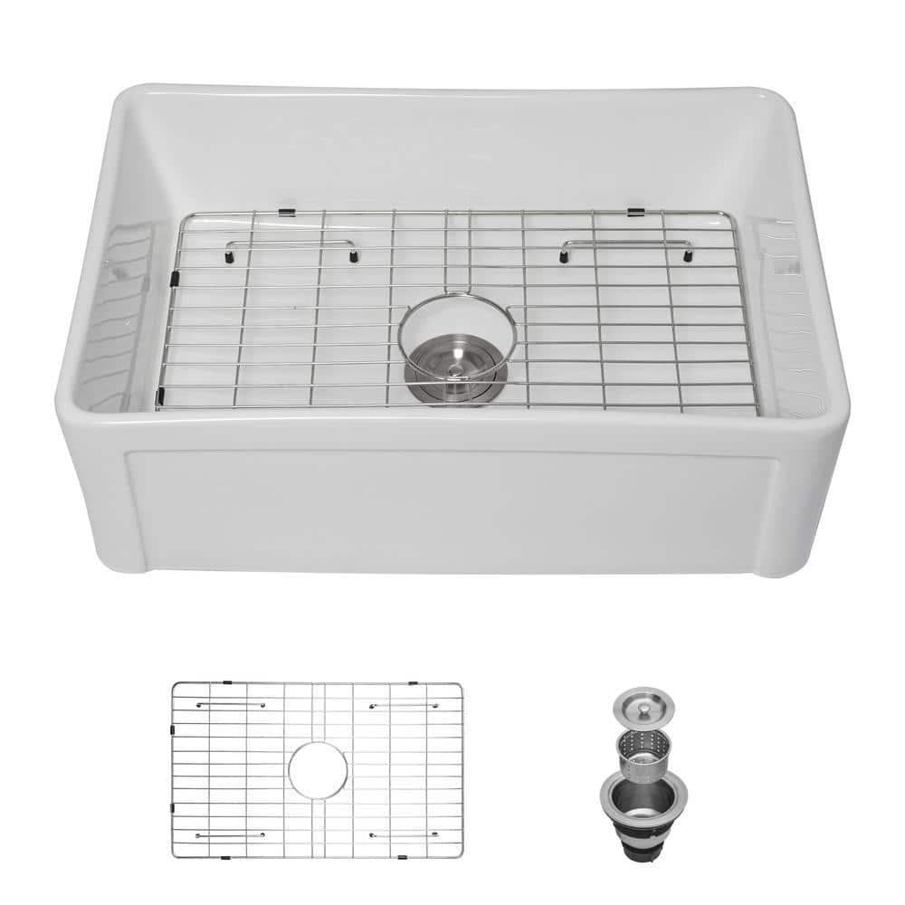 30 in. Farmhouse Single Bowl White Ceramic Kitchen Sink with Bottom Grid