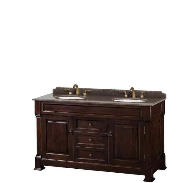 Wyndham Collection Andover 60 in. W x 23 in. D Bath Vanity in Dark Cherry with Granite Vanity Top in Brown with White Basins