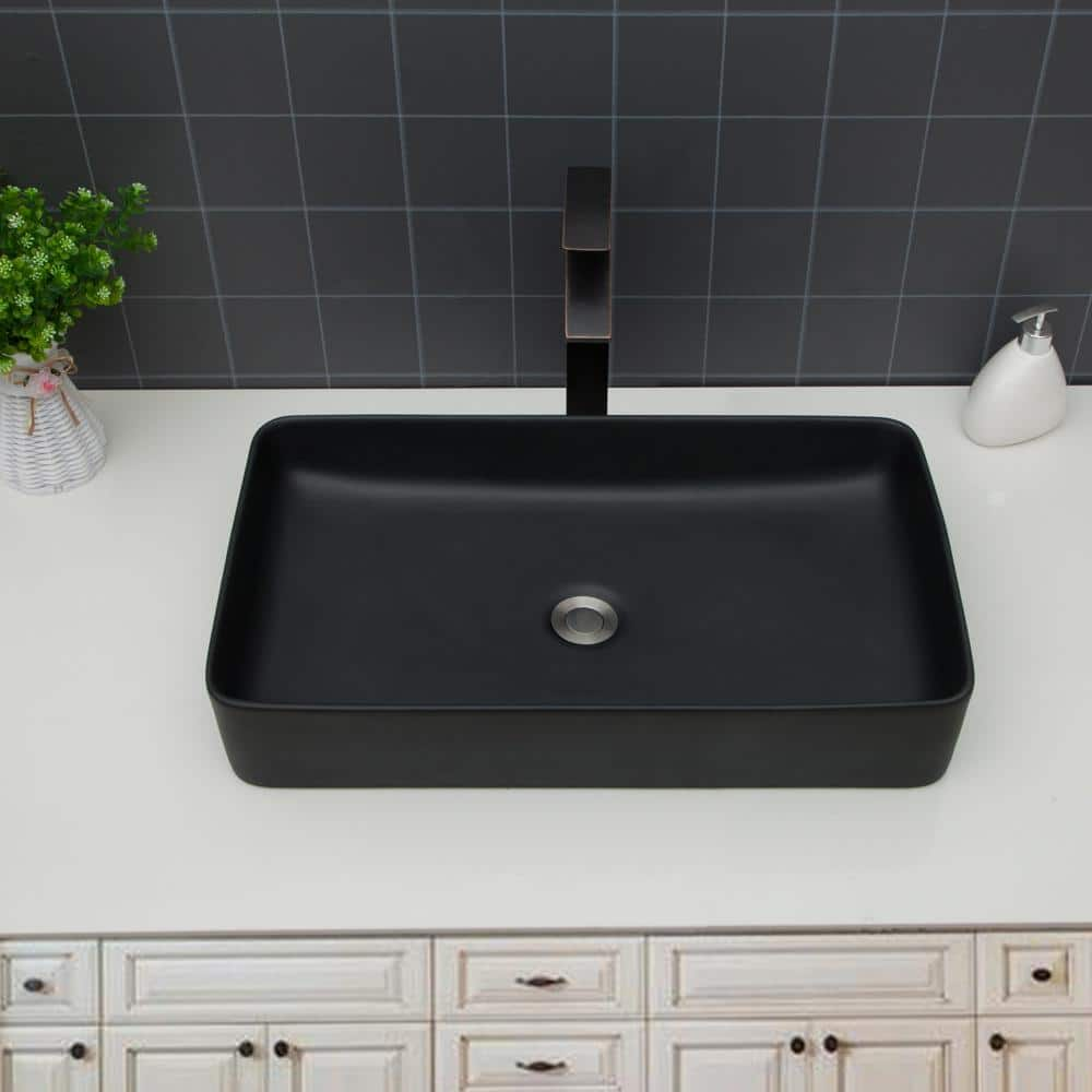 24 In L X 13 5 In W X 4 5 In D Black Ceramic Rectangular Bathroom   Black Vessel Sinks Jin 106 64 1000 