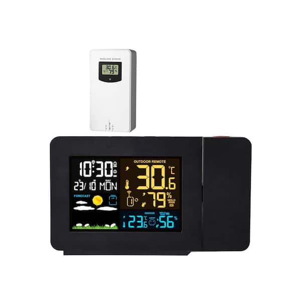 Aoibox Black ABS TableTop Alarm Clock with Atomic Projection Radio Control Clock with WWVB Function Weather Station Dual Alarms
