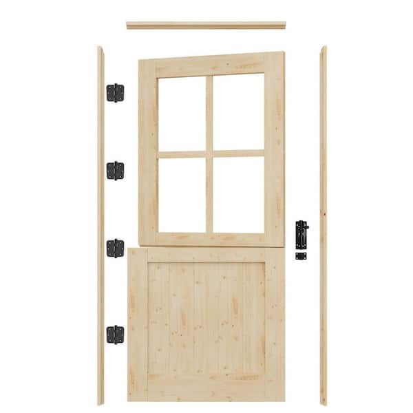36 in. x 80 in. Solid Pine Universal 4-Lite Clear Glass Unfinished Wood Prehung Front Dutch Door w/Quick Assemble Jamb