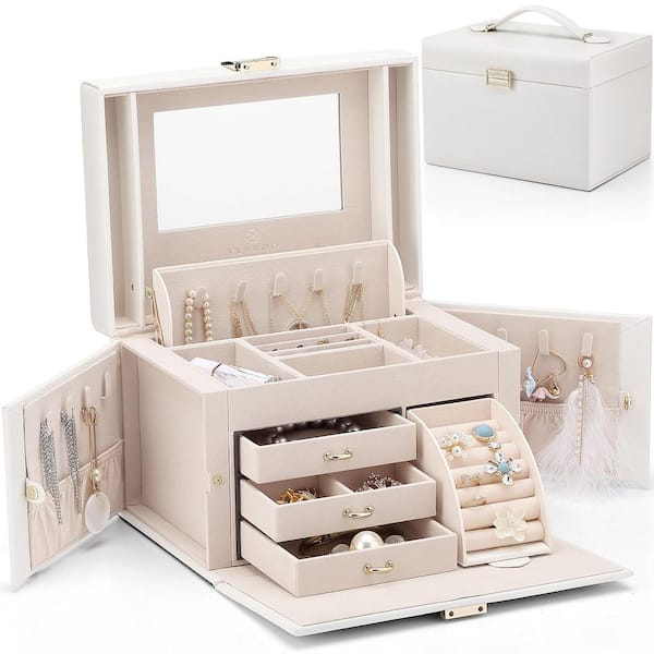 Unbranded Jewelry Box Organizer for Women, Large Baroque Jewelry Holder Organizer with Mirror, Earrings, Rings, Cloud White
