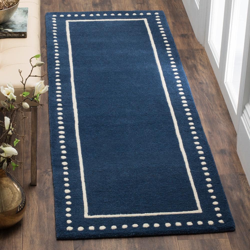 Handmade Navy Blue and Ivory Tufted Wool Area Rug 2'3" x 21'