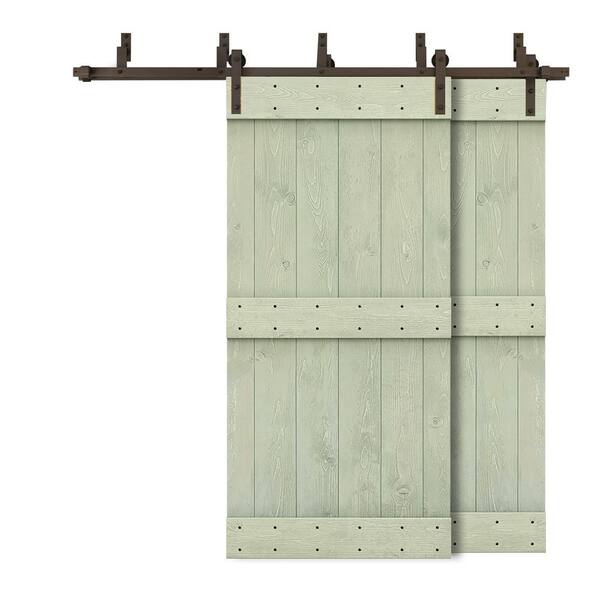 CALHOME 80 in. x 84 in. Mid-Bar Bypass Sage Green Stained DIY Solid Wood Interior Double Sliding Barn Door with Hardware Kit