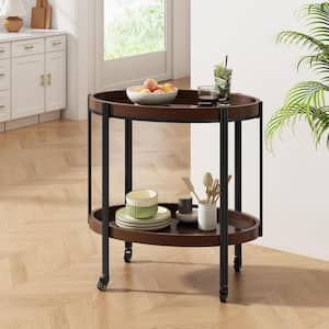 Hale Dark Walnut 30.25 in. W 2 Tier Bar Cart Side Table with Tempered Glass Shelves, Metal Frame, Removable Bottom Shelf