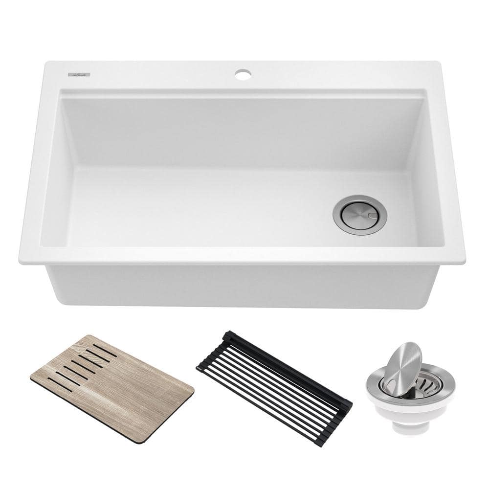 Kraus Bellucci Workstation 33 inch Drop-In Granite Composite Single Bowl Kitchen Sink in White with Accessories