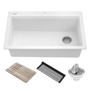 Bellucci Workstation 33 in. Drop-In Granite Composite Single Bowl Kitchen Sink in White with Accessories