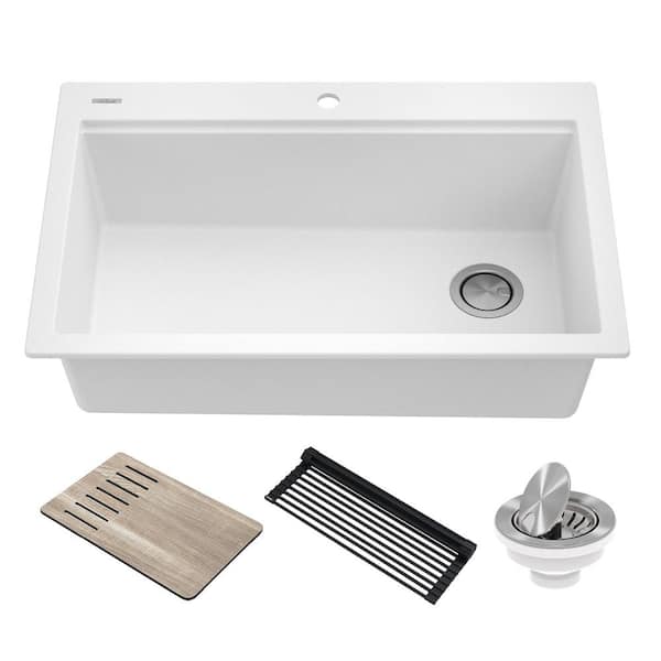 KRAUS Bellucci Workstation 33 in. Drop-In Granite Composite Single Bowl Kitchen Sink in White with Accessories