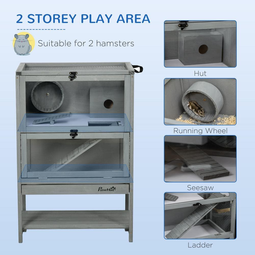 Grey Wooden Hamster Cage with Storage Shelf and Ramp