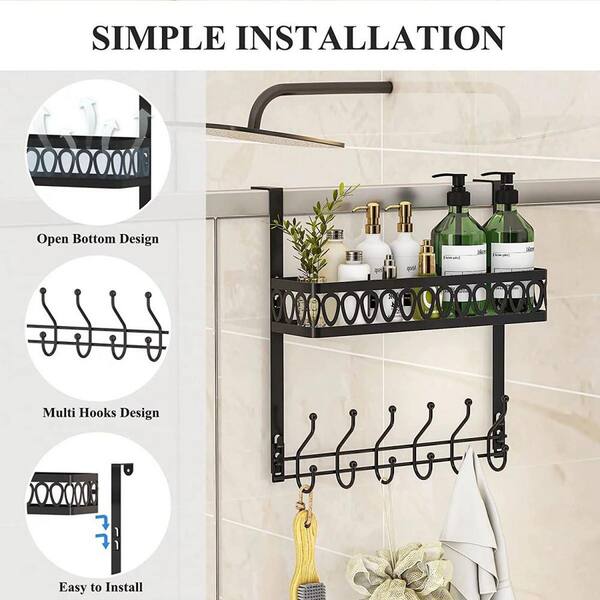 cadeninc Hanging Mounted Bathroom Shower Caddy Over the Shower Door Storage  Rack with 2 Shelves and 6 Towel Hooks in Black MIX-LQMSP-028 - The Home  Depot