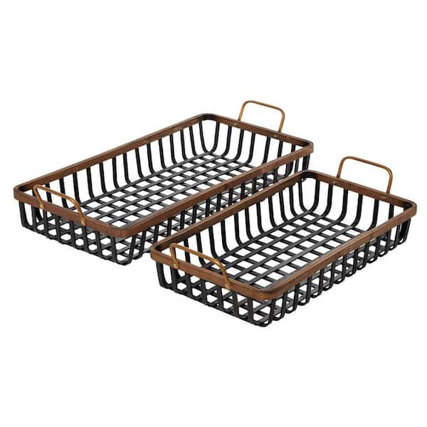 Litton Lane Black Wood Grid Decorative Tray (Set of 2)