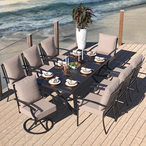 9-Piece Black Metal Patio Outdoor Dining Set with Swivel&fixed Chairs, Rectangle Table, Umbrella Hole and Sand Cushions.