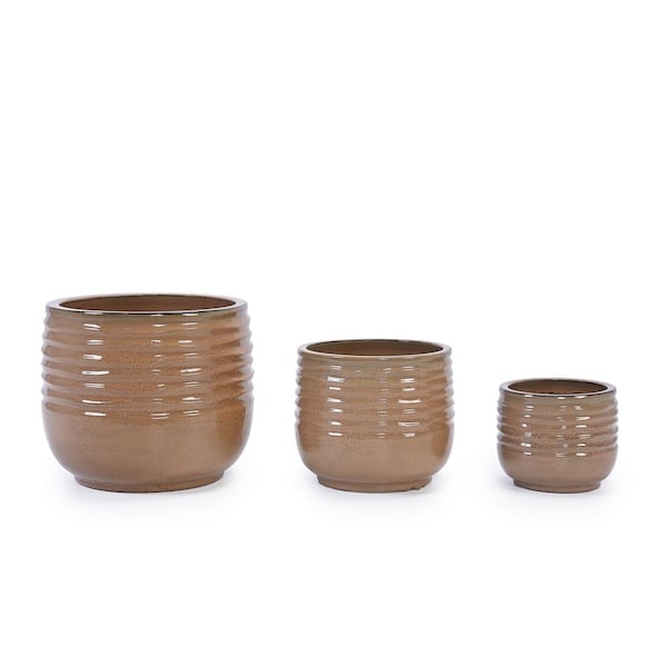 Set of 3 Ceramic Flowerpot, Modern Planter for Patio, Garden, Windowsill-Antique Bronze