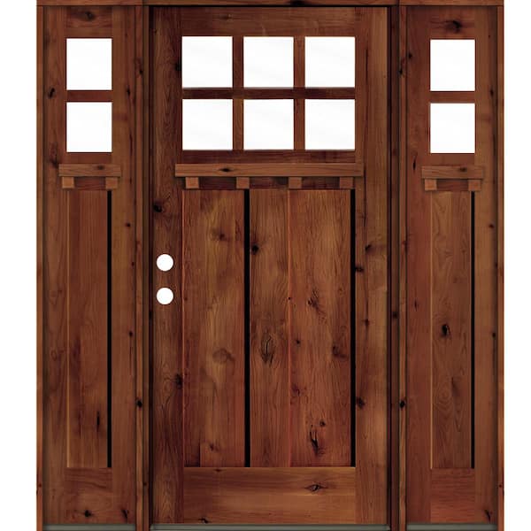 Krosswood Doors 64 in. x 80 in. Craftsman Alder Clear 6-Lite Red Chestnut Stain Wood w.DS Right Hand Single Prehung Front Door/Sidelites
