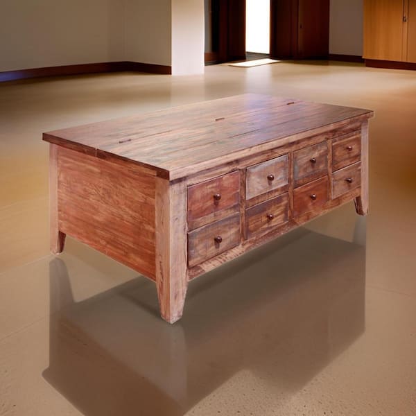 Benjara Fena 30.25 in. Brown and Multicolor Rectangle Wood Coffee Table with Lift Top and 8 Drawers