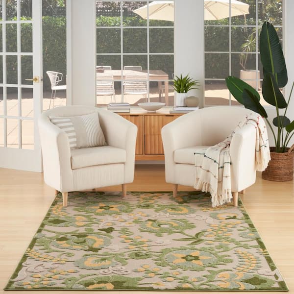 Aloha Ivory Green 4 ft. x 6 ft. Floral Contemporary Indoor/Outdoor Area Rug