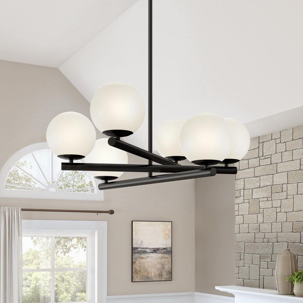 Matte Black 6-Light Chandelier with Opal Glass Shades