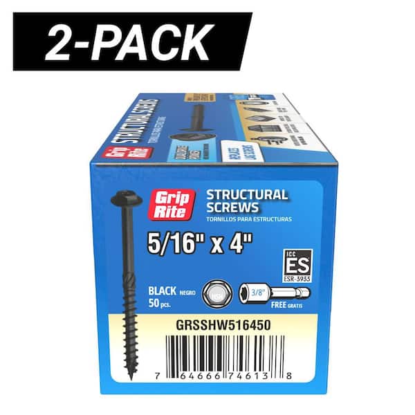 2-Pack 5/16 in. x 4 in. Hex Drive Hex Head Structural Screws 50 Per Box/100-Piece