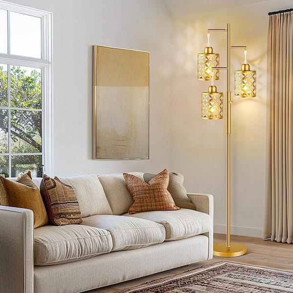 72 in. Gold 3-Light Dimmable Tree Floor Lamp with 3 Bulbs Included