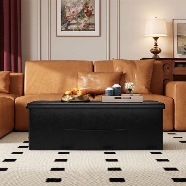 Black 45 in. x15 in. x15 in. Large Folding Storage Faux Leather Ottoman Pouffe Box Stool