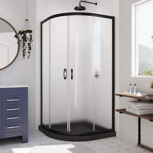 Prime 33 in. W x 74 3/4 in. H Sliding Semi Frameless Corner Shower Kit in Satin Black with Frosted Glass